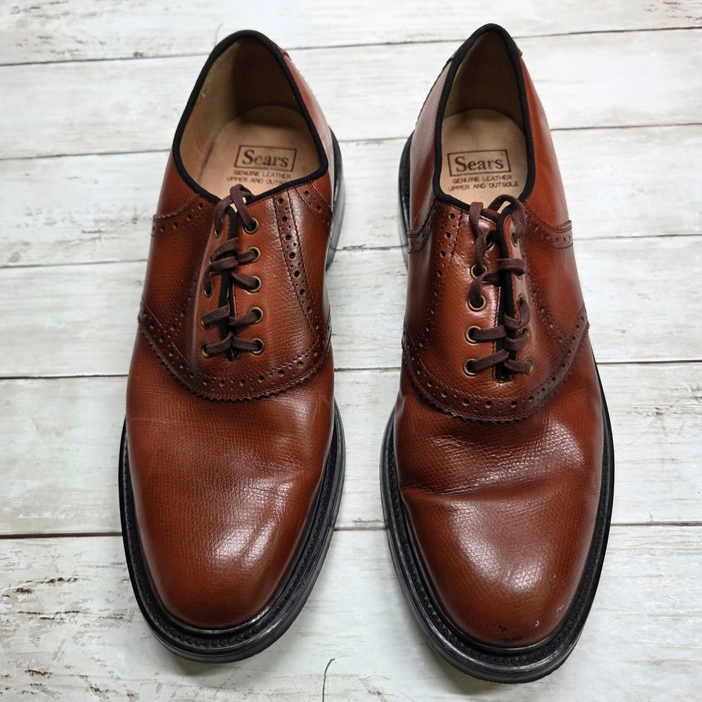 Sears Vintage Pebble Grain Leather Oxford Shoes Mens 10.5 EE Brown Brogue Saddle
